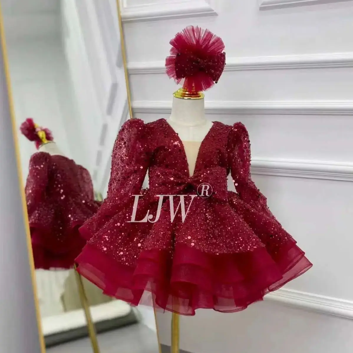 

Elegant sequins V-neck long sleeve Princess Skirt Girl Birthday Party Dance Christmas pageadress 0-12 flower girl wedding dress