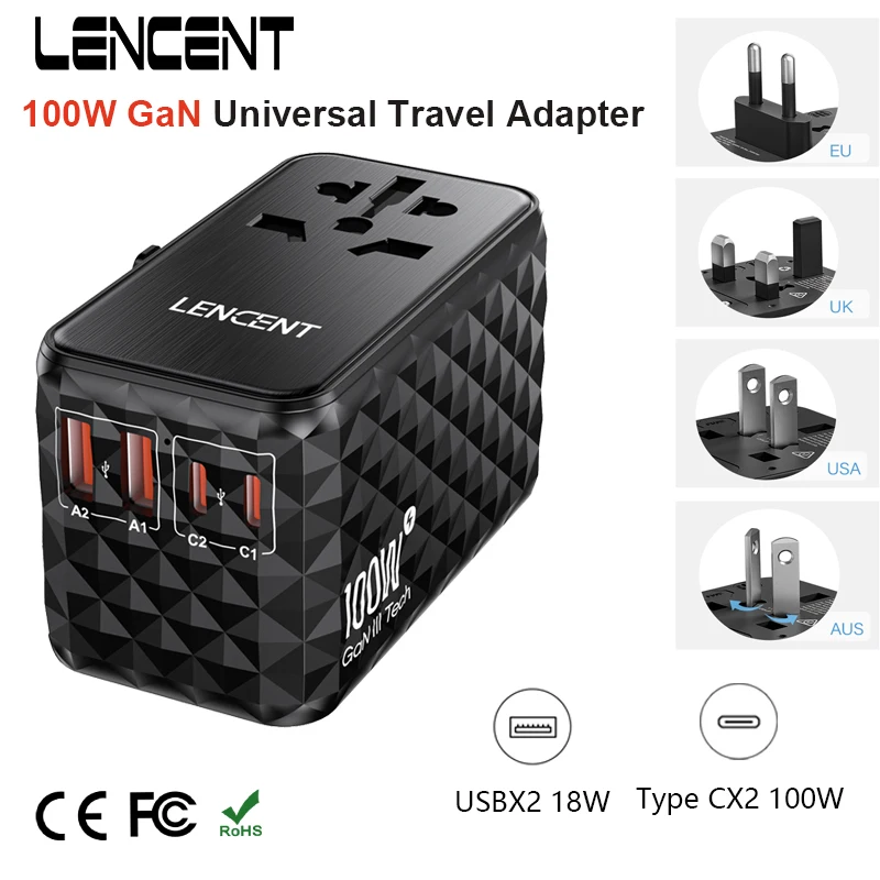 LENCENT 100W GaN Universal Travel Adapter with with 2 QC4.0 USB-A+2 PD3.0 Type-C PPS Fast Charging EU/UK/USA/AUS plug for Travel