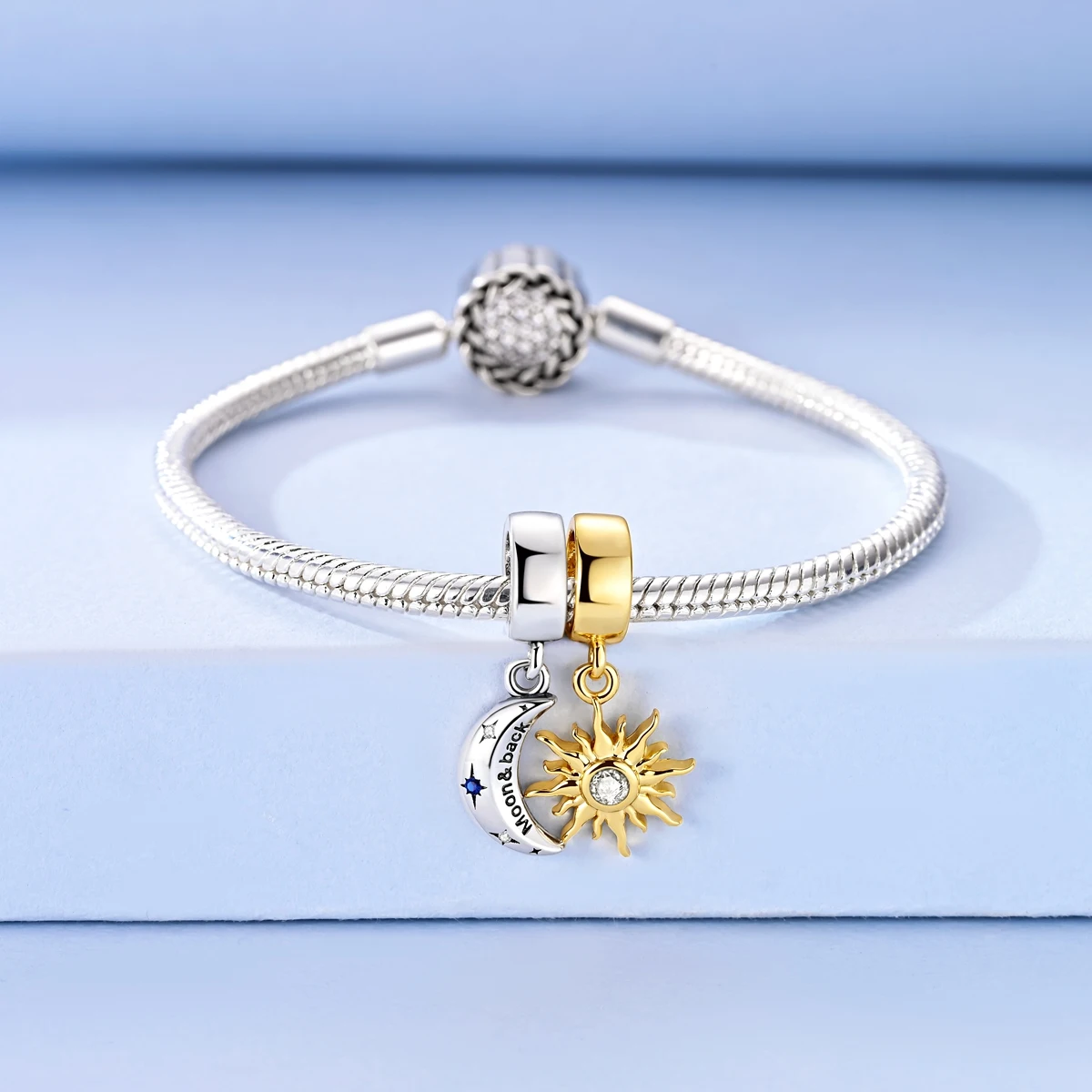 

925 Sterling Silver Gold Color Charm Sun&Moon Pendant Fit Original Bracelet Diy For Woman Fine Jewelry Gift