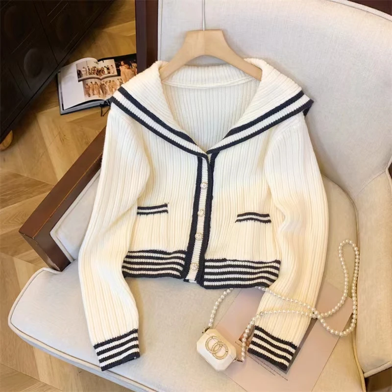 

Модный повседневный темно-синий цветной свитер с воротником, вязаный кардиган, маленький размер, осень-зима, новинка, прямая трубка для поездок на работу...