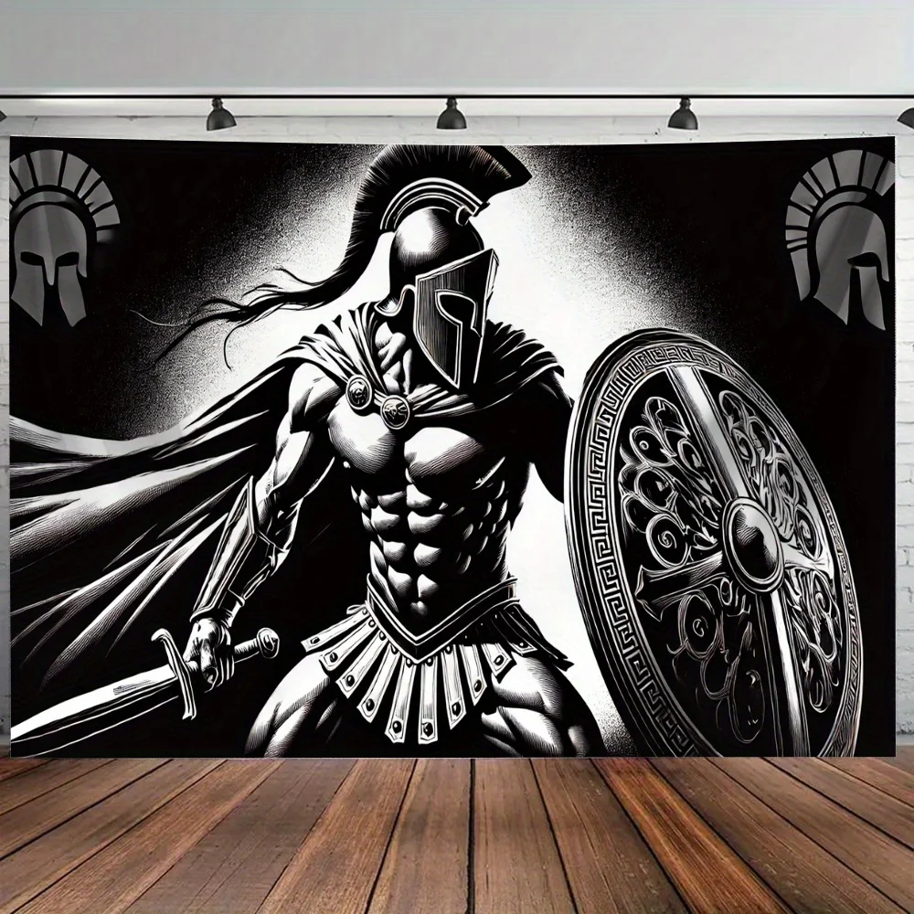 Spartan Warrior Tapestry, Greek Mythology Wall Hanging, Black White Shield Art Dorm Decor, Hero Bedroom Blanket for Men