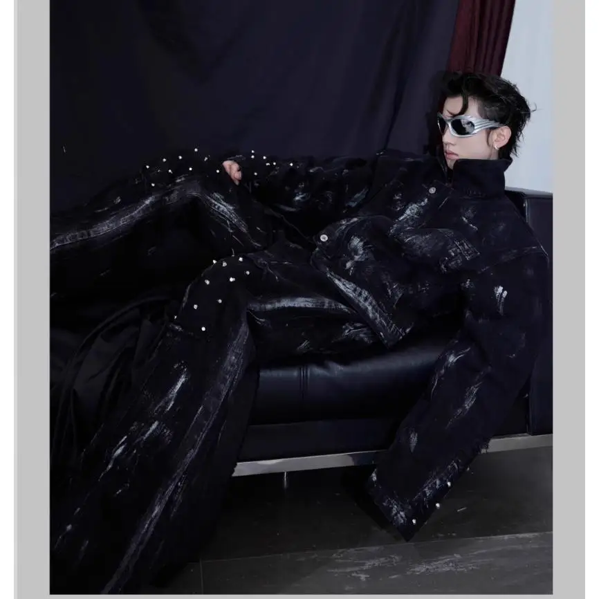 

Винтажный комплект с металлическими заклепками и ручной росписью, тяжелый джинсовый комплект из джинсов с джинсами и микрорасклешенными джинсами, молодежные хлопковые длинные брюки све