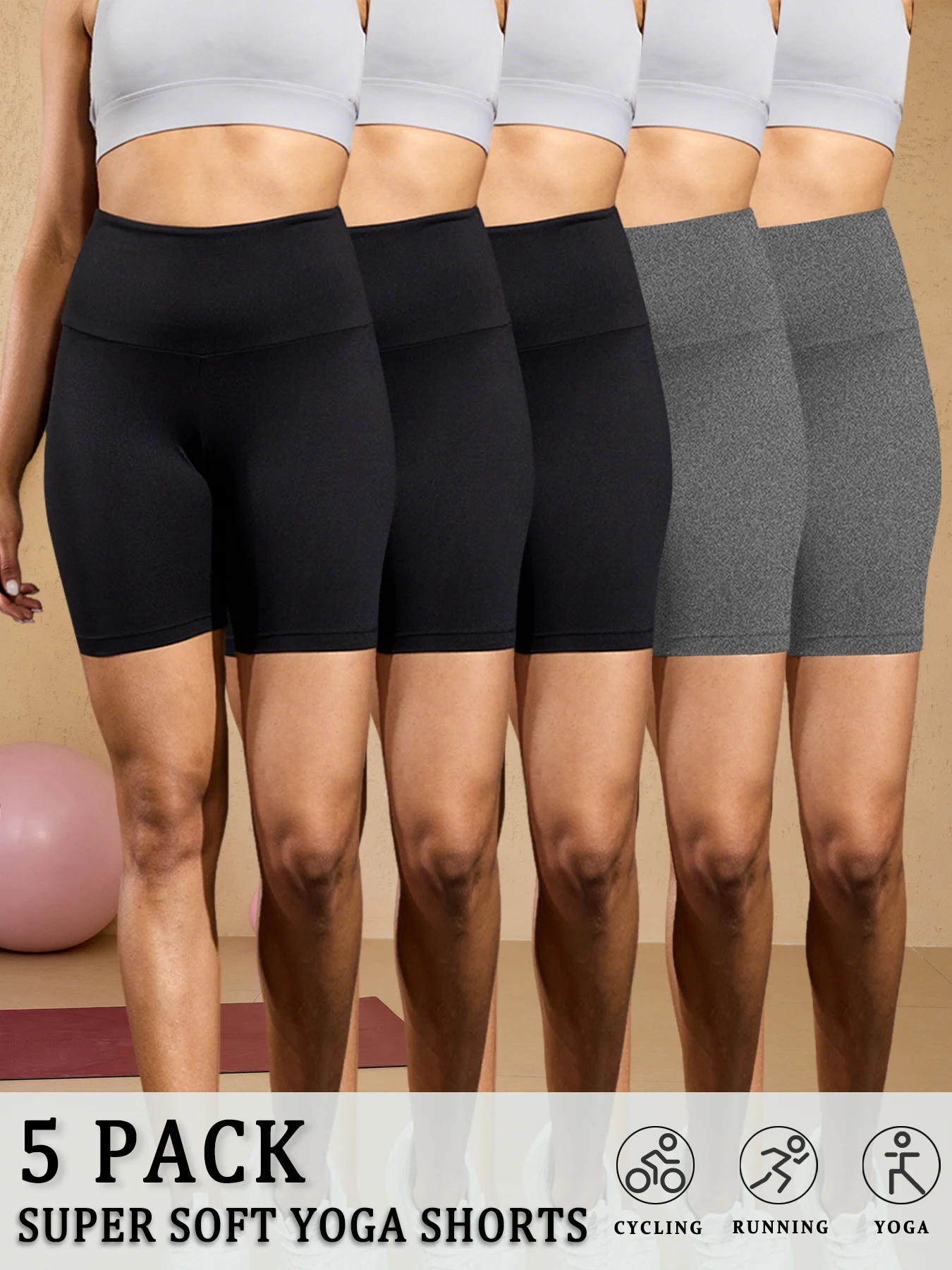 

Комплект из 5 штук: женские велосипедные шорты с высокой талией, супермягкие, с эффектом утяжки живота, для йоги, бега, тренировок, дома и отдыха