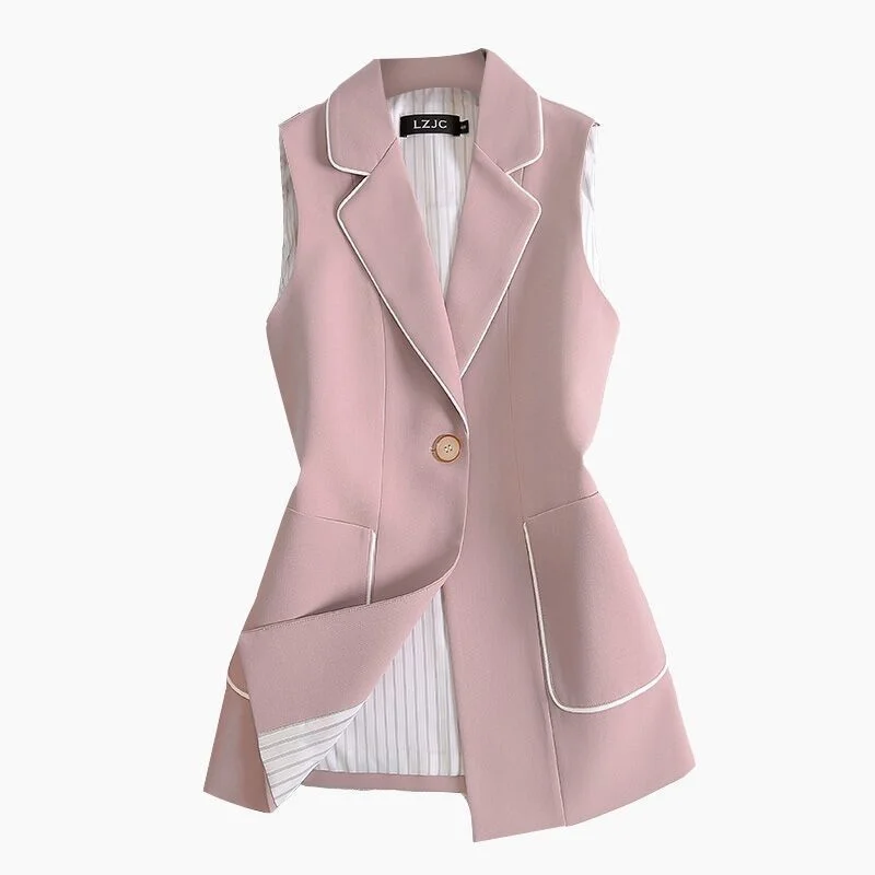 Office Lady Pocket Patchwork Suit Vest Spring Autumn New Polo Neck Sleeveless Button Slim Jacket Elegant Vintage Women Clothing