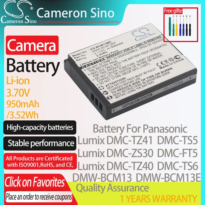 CameronSino Battery for Panasonic Lumix DMC-TZ41 DMC-ZS30 DMC-TS5 DMC-TZ40 fits Panasonic DMW-BCM13 Digital camera Batteries