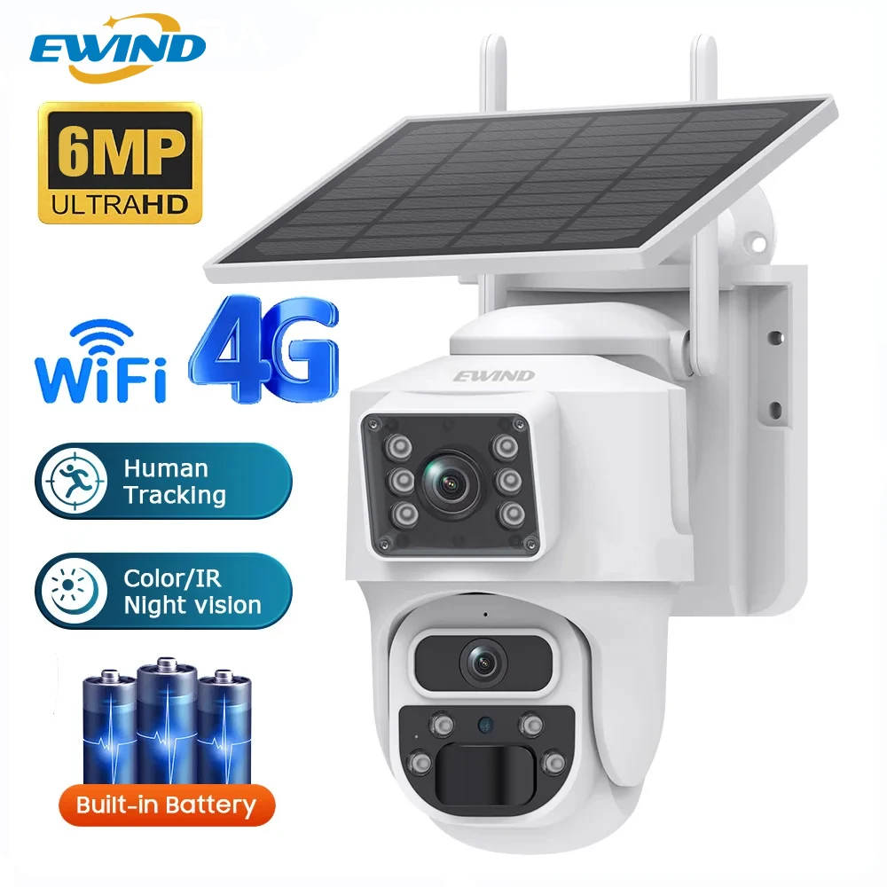 

EWIND 6MP 4K Солнечная беспроводная IP-камера с аккумулятором Открытый HD 3MP Двойной объектив WiFi IP Camara Солнечная панель CCTV Security Factroy
