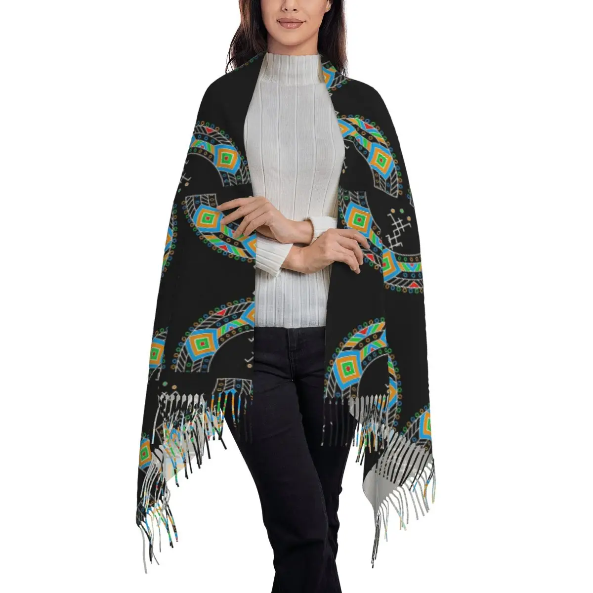 Kabyle Jewelry Amazigh Africa Ethnic Style Scarf Tassel Scarves for Women Soft Warm Shawls Wraps Large Fall Winter Shawl Wrap