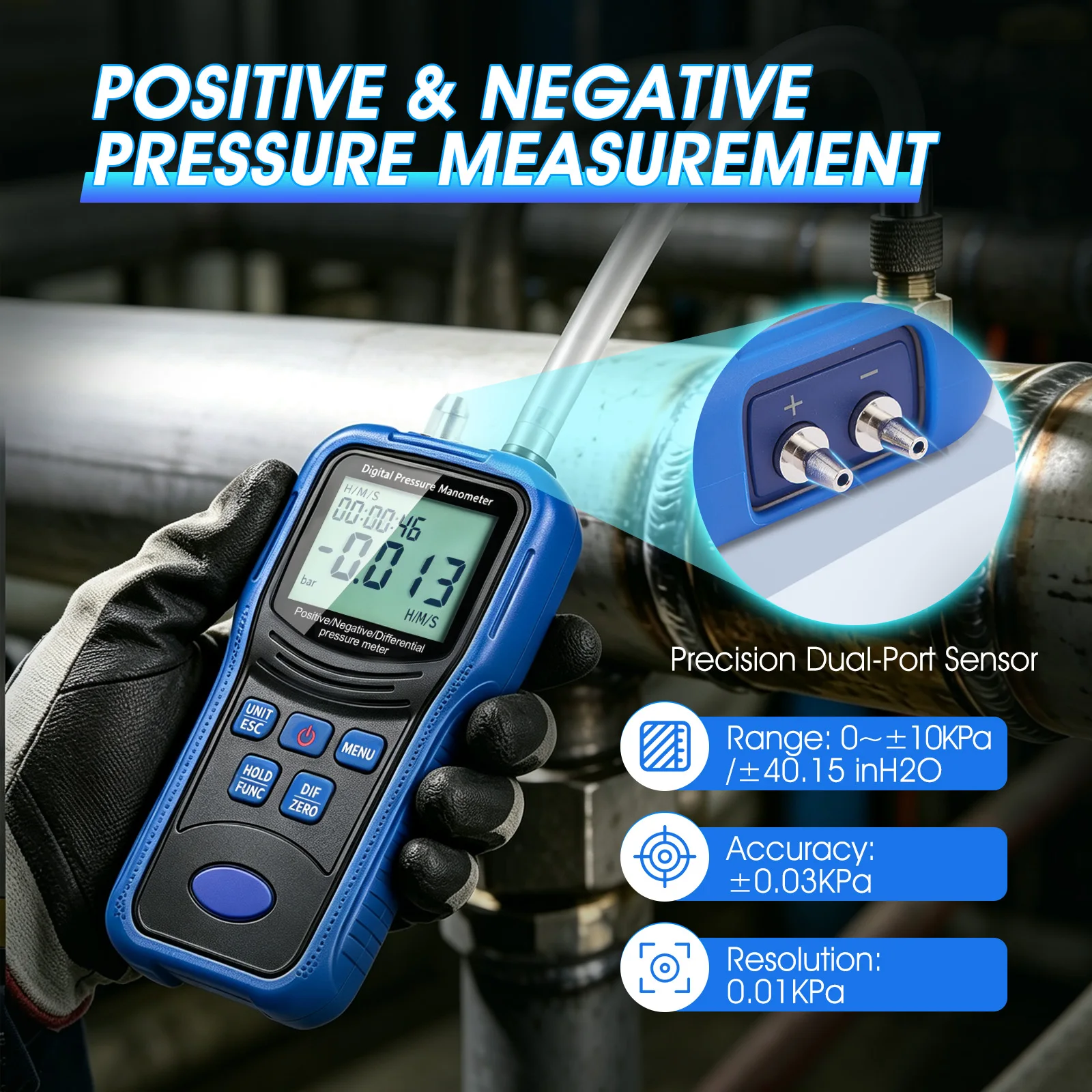 Digital Differential Manometer ±10kPa Handheld Air Pressure Gauge 12 Units Air Velocity Meter for HVAC Testing