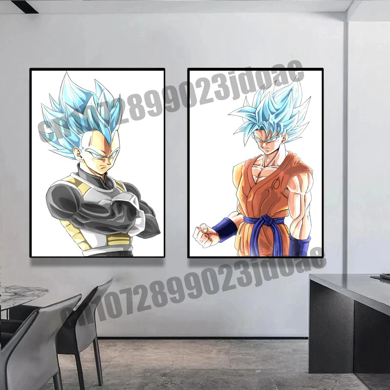Anime Dragon Ball Goku Vegeta Super Saiyan Hitam dan Putih Gaya Sketsa Cat Air Kanvas Gambar Garis Poster Hadiah Terbaik