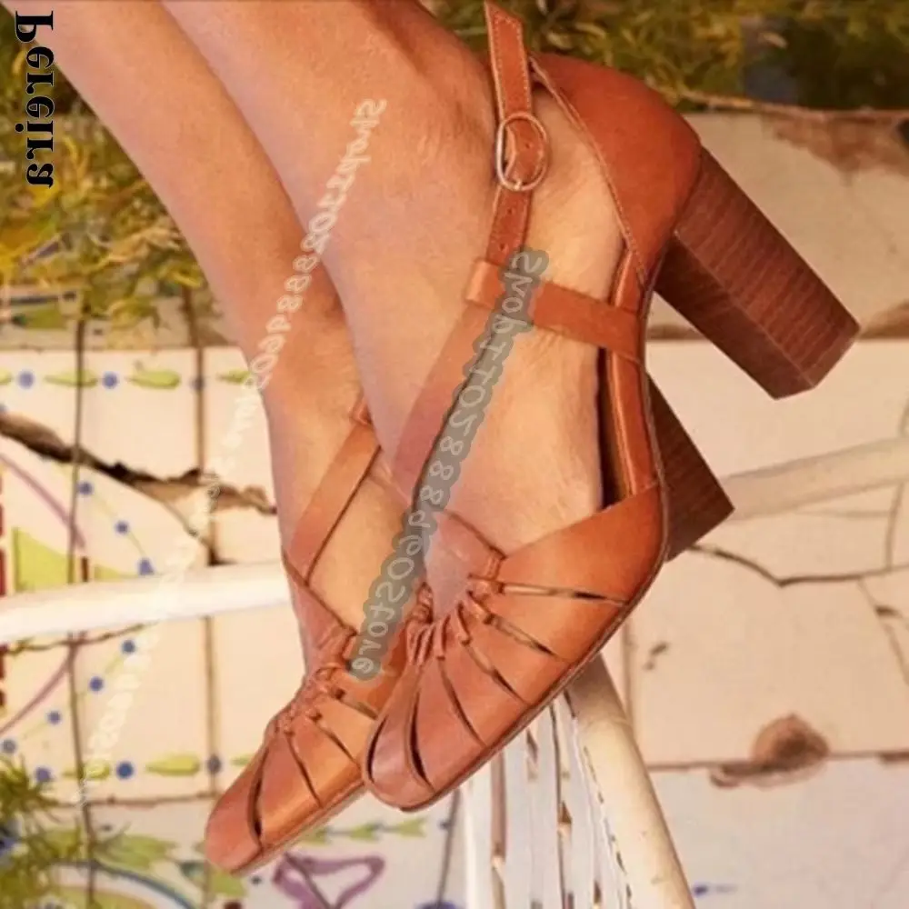 Lässige braune Leder-Sandalen mit Kreuzriemen, klobiger Absatz, High Heels für Damen, Knöchelriemen, runde Zehenpartie, 2026, Zapatos Para Mujer