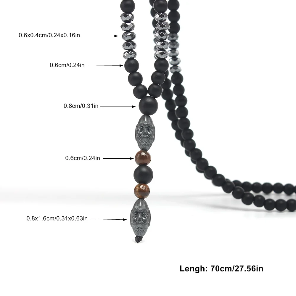 Black Obsidian Round Beads Hematite Old Man Head Pendant Y Necklace Men's Jewelry