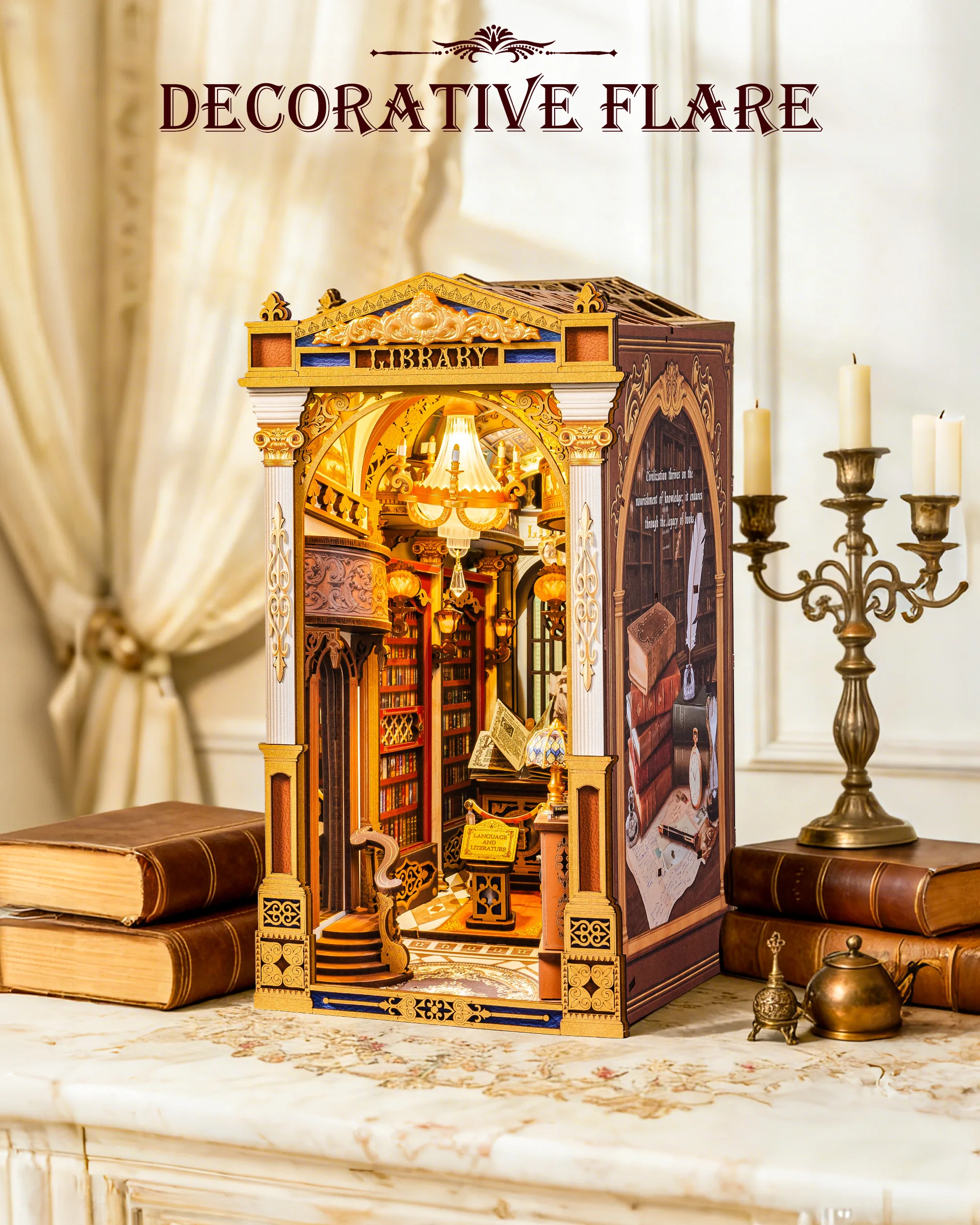 Rolife DIY Book Nook Kit Library of Wonders Bookends with LED Light for Bookshelf Decor 258PCS Wooden 3D Puzzle Model Building Kit for Book Lovers Gift for Adults