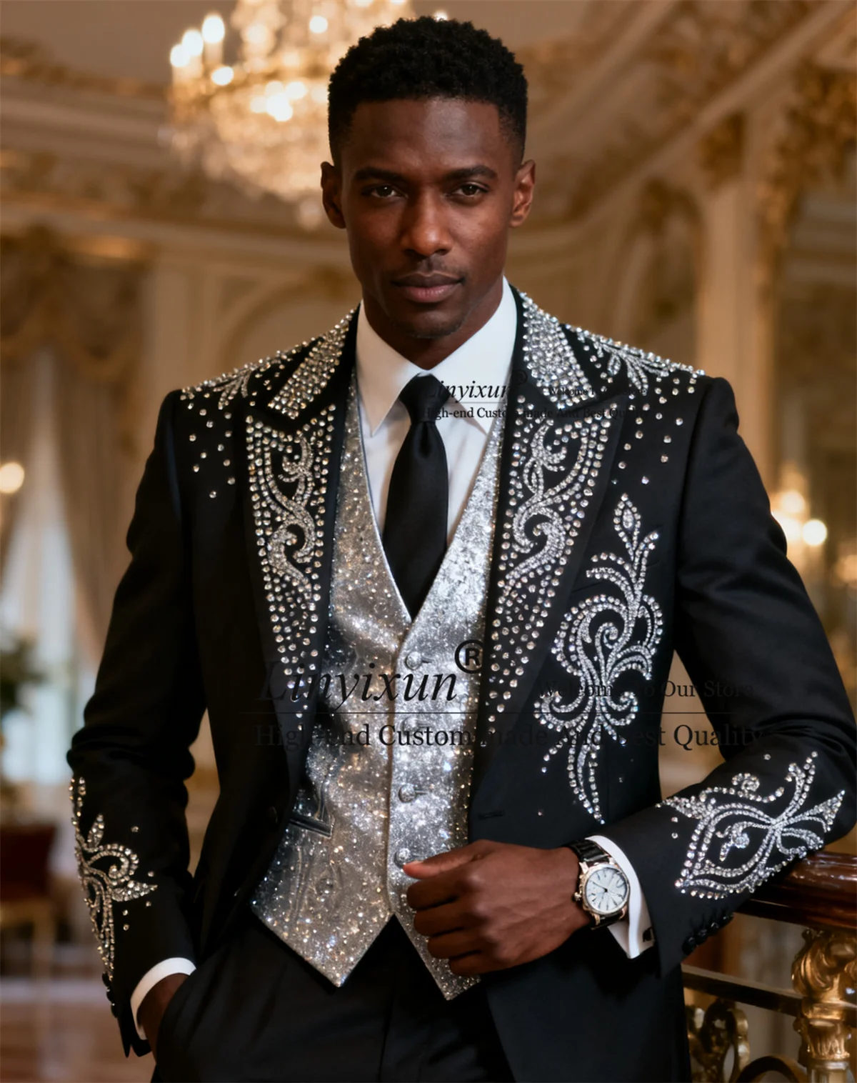 

Высококачественные мужские костюмы с блестками и стразами, облегающие костюмы для свадебной вечеринки, мужские комплекты из трех предметов, мужские пиджаки для выпускного вечера по индивидуальному заказу