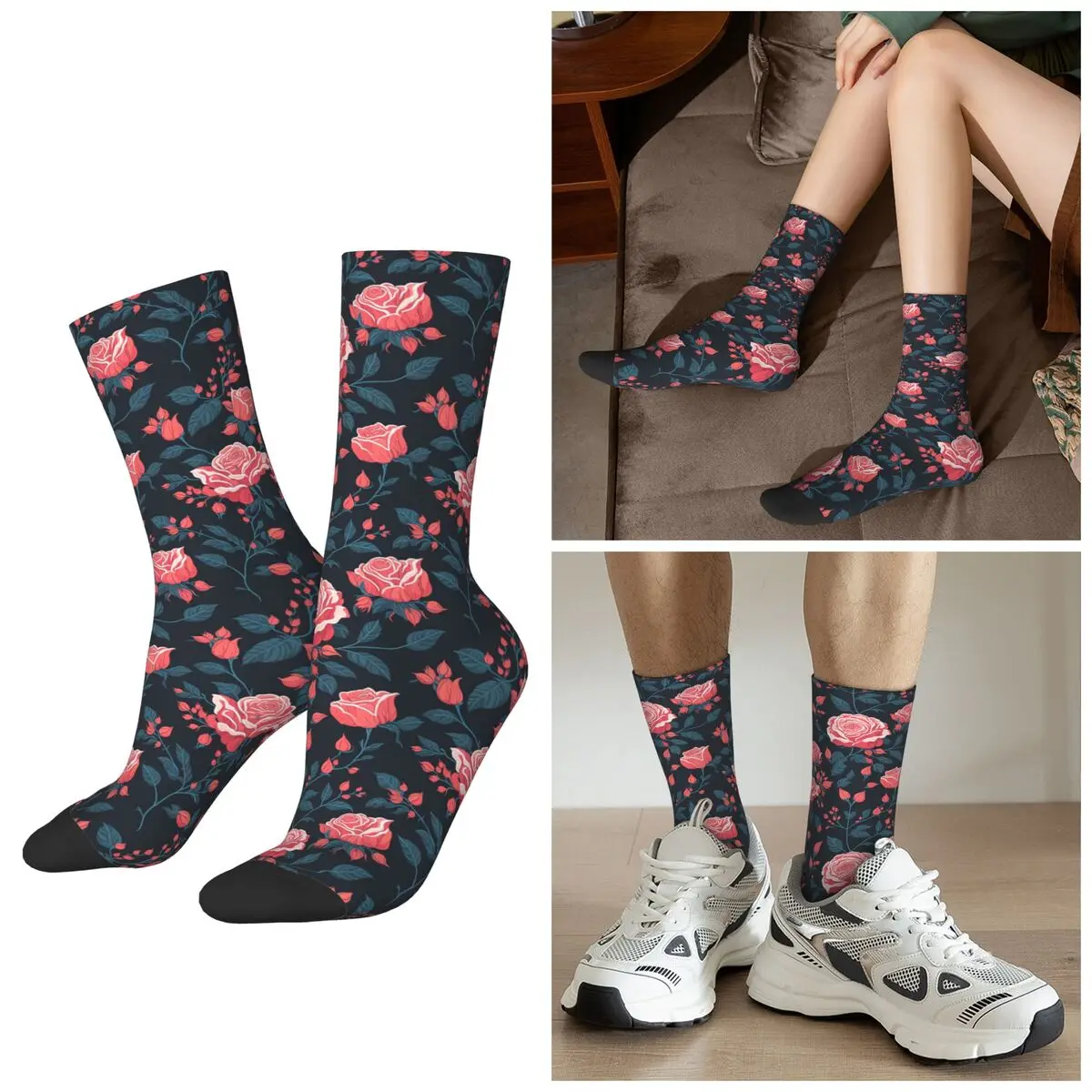 

All Seasons Retro Rose Pattern Socks Harajuku Crew Socks High Quality Stockings for Men Women Valentine's Day Gifts
