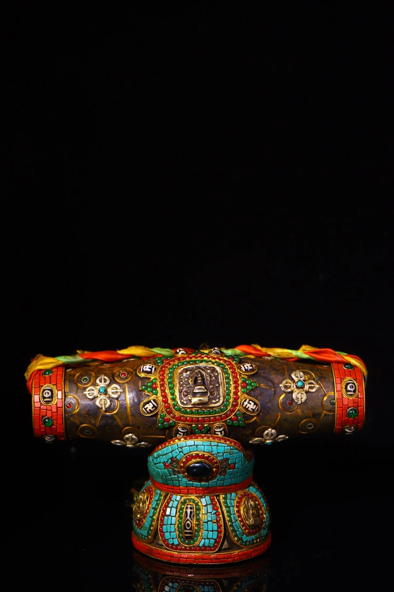 11”Tibetan Temple Collection Old Natural Meteorites Mosaic Gem gZi Beads  Turquoise Vajra Buddha Beads Base Amulet Worship Hall