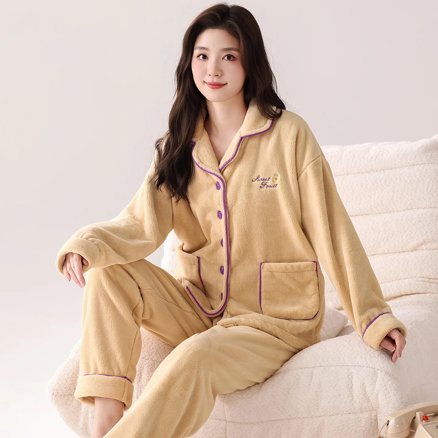 

Женский пижамный комплект, коралловые бархатные пижамы, теплый кардиган, домашняя одежда, осенне-зимняя плотная фланелевая пижама Mujer, элегантная одежда для сна