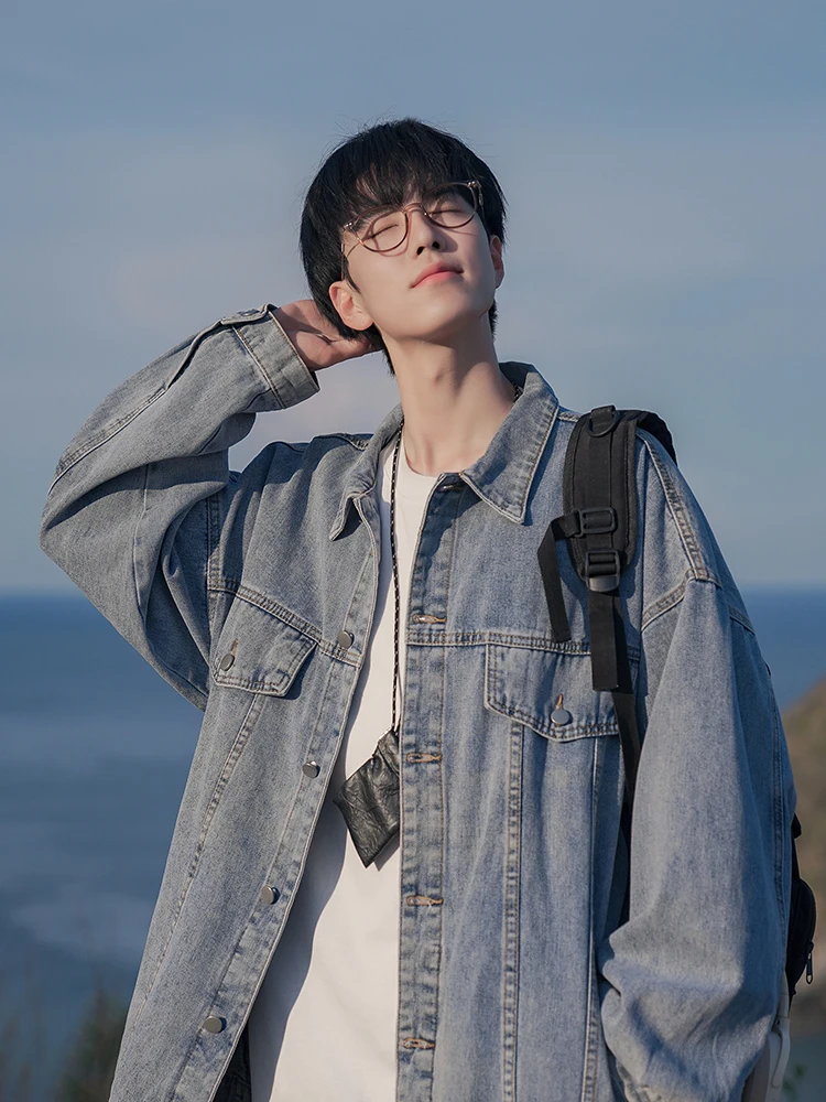 

Мужская джинсовая куртка Rampo: свободный крой, винтажный стиль, модный бренд, хлопковая смесь, длинный рукав, с карманами, для осени и зимы