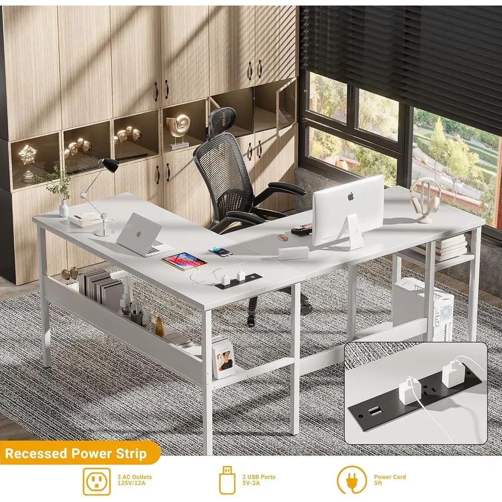Adjustable White L-Shaped Desk with Power Outlets & USB Ports, Sturdy Home Office Desk with Storage, Easy Assembly