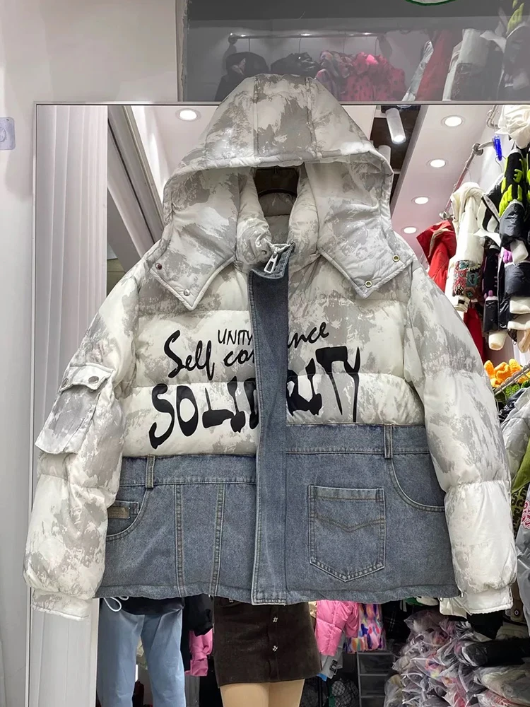 

Winter Letter Denim Hooded Spliced Down Jacket Female Thick Warm Parka Outwears Women Short White Duck Down Big Pocket Jackets