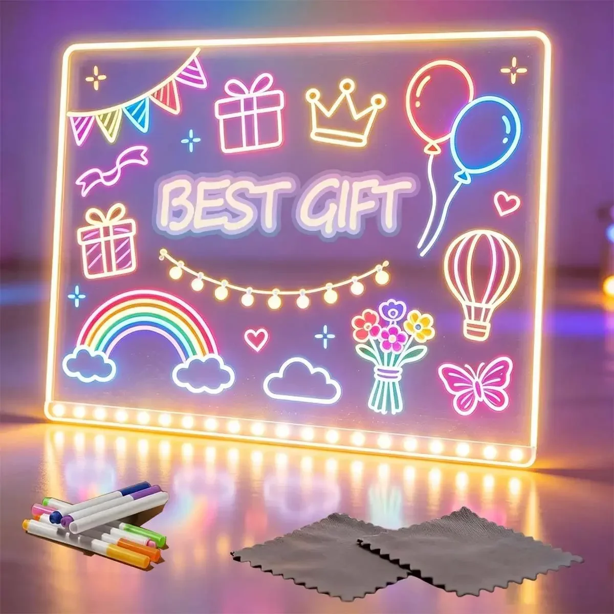 Acrylic LED Message Board, Reusable Light Up Drawing and Writing Pad with 7Pens USB Powered Doodle Board for Notes Creative Gift