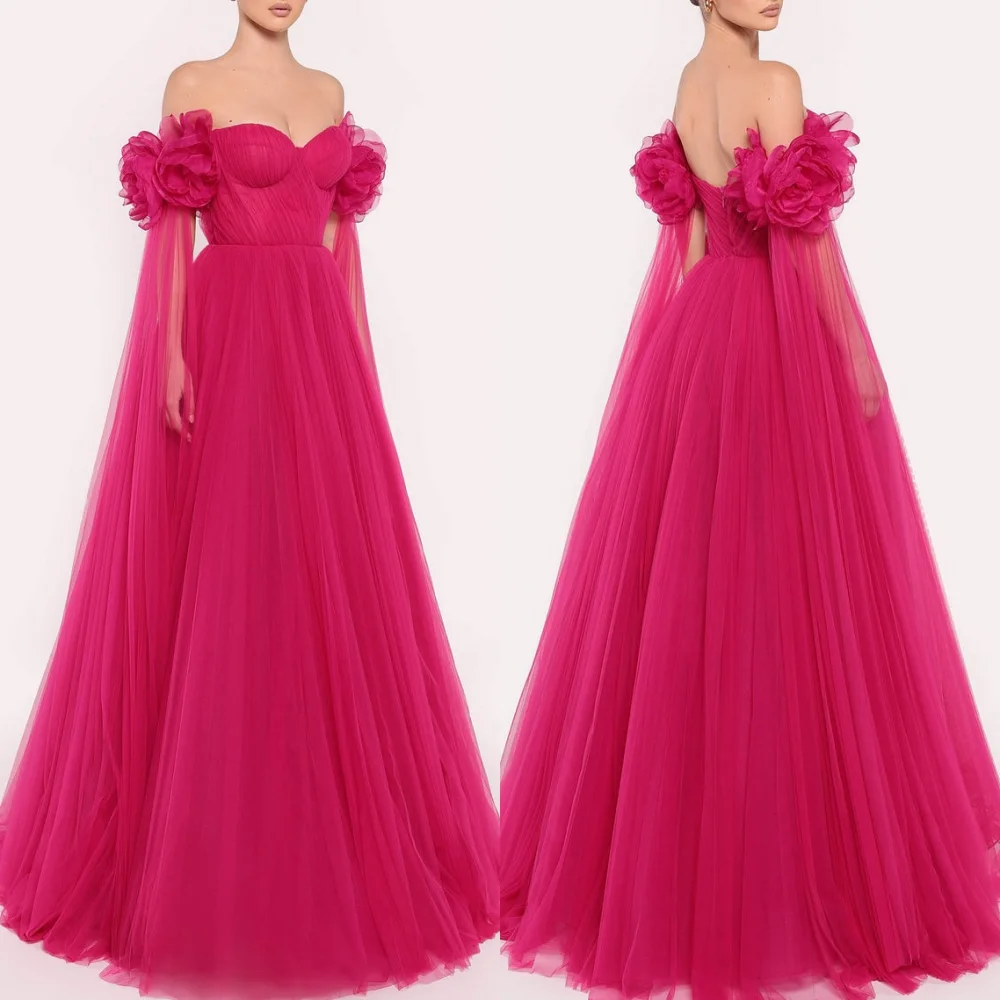 

Customized Matching Elegant Tulle Flower Draped Pleat Ball Gown Off-the-shoulder Long Dresses Bespoke Occasion Dresses Intricate