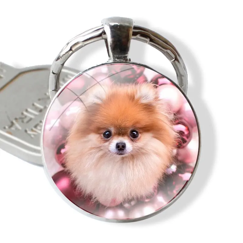 Keychain Handmade Glass Cabochon Key Ring Holder Pendant Key Chains Pomeranian dogs dog