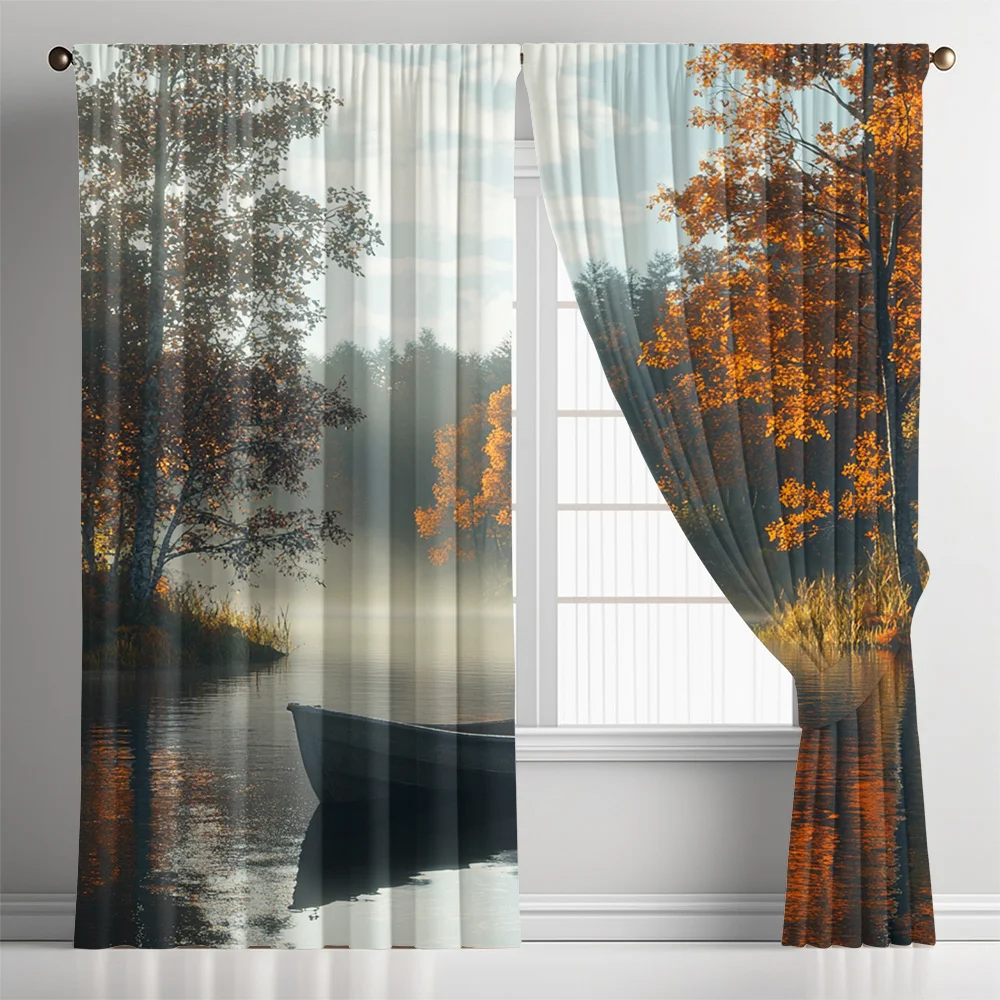 2pcs Autumn Lake View with Boat Reflection and Forest Print Curtains, Modern Art Style with Rod Pocket, Home Decor for Kitchen,