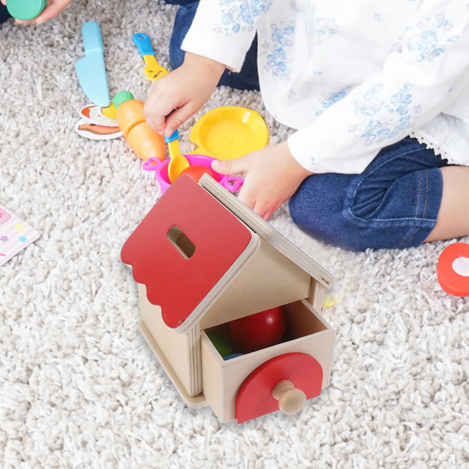 

1Set Wooden Coin Box Educational Object House Shaped Drawer Preschool Learning Motor Skills Hand Eye Coordination Play