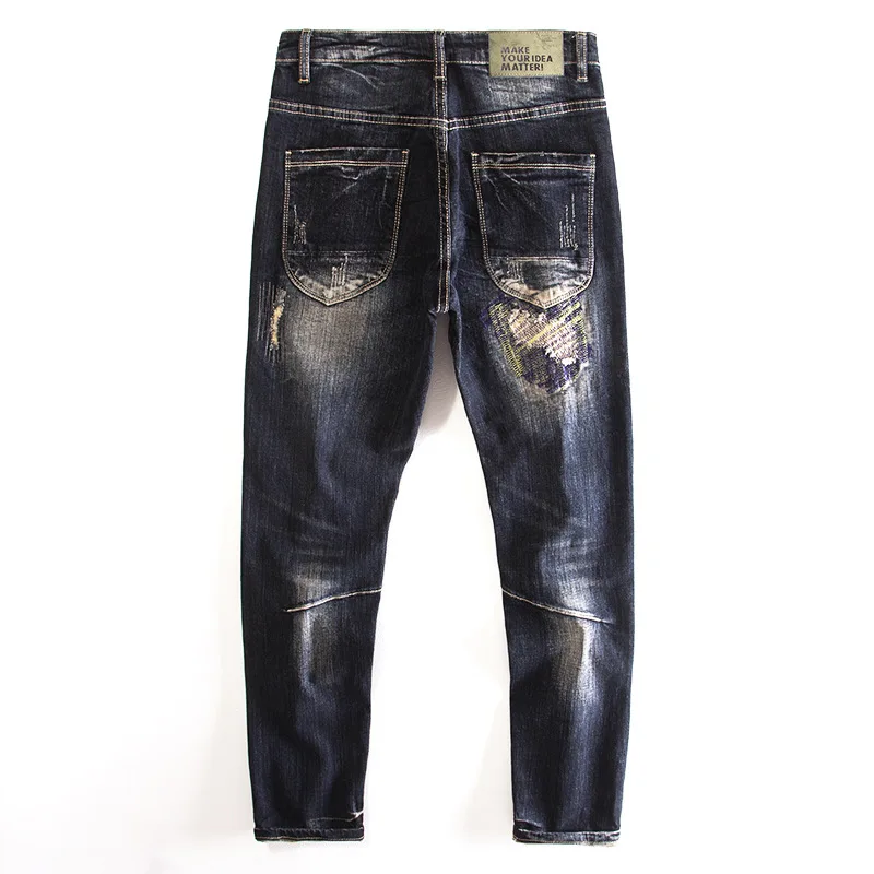 Ripped Patch Embroidered Floral Jeans Men Slim Fit Stretch Vintage High Street Retro Nostalgic Personality Trendy Long Pants