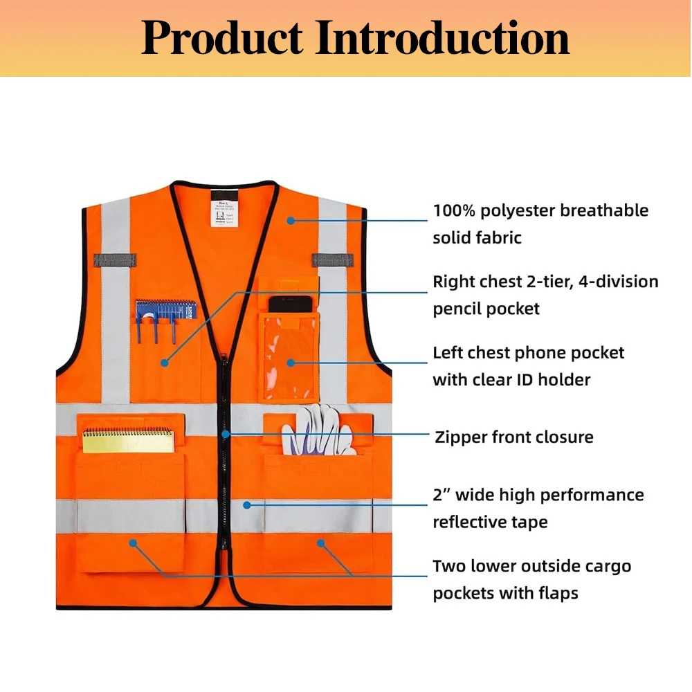 Chalecos reflectantes de seguridad para el trabajo, ropa de trabajo Industrial de alta visibilidad con bolsillos y cremallera, color naranja, hivis