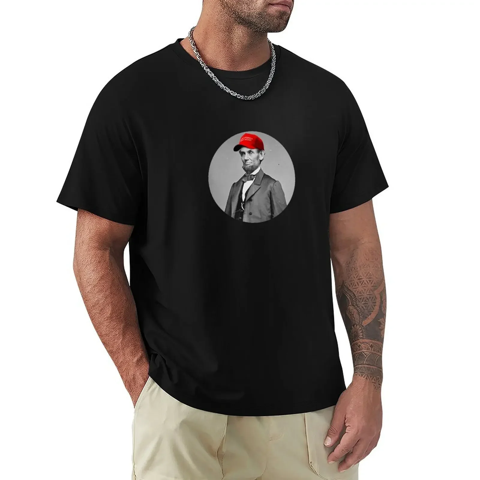 Abraham Lincoln Make America Great Again Hat Circle T-Shirt plus sizes graphic shirts cheap stuff t shirt men 100℅ cotton