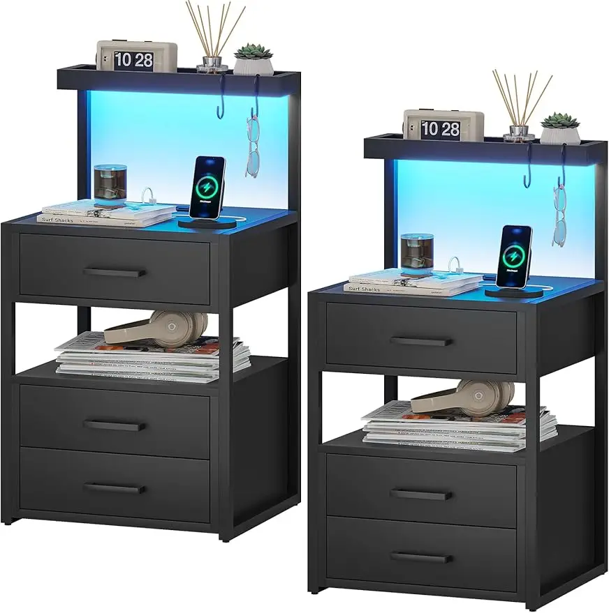 

Nightstand Set of 2 with Charging Station and LED Lights, Bedside Table with 3 Drawers and Open Storage Shelves, 2 USB Ports