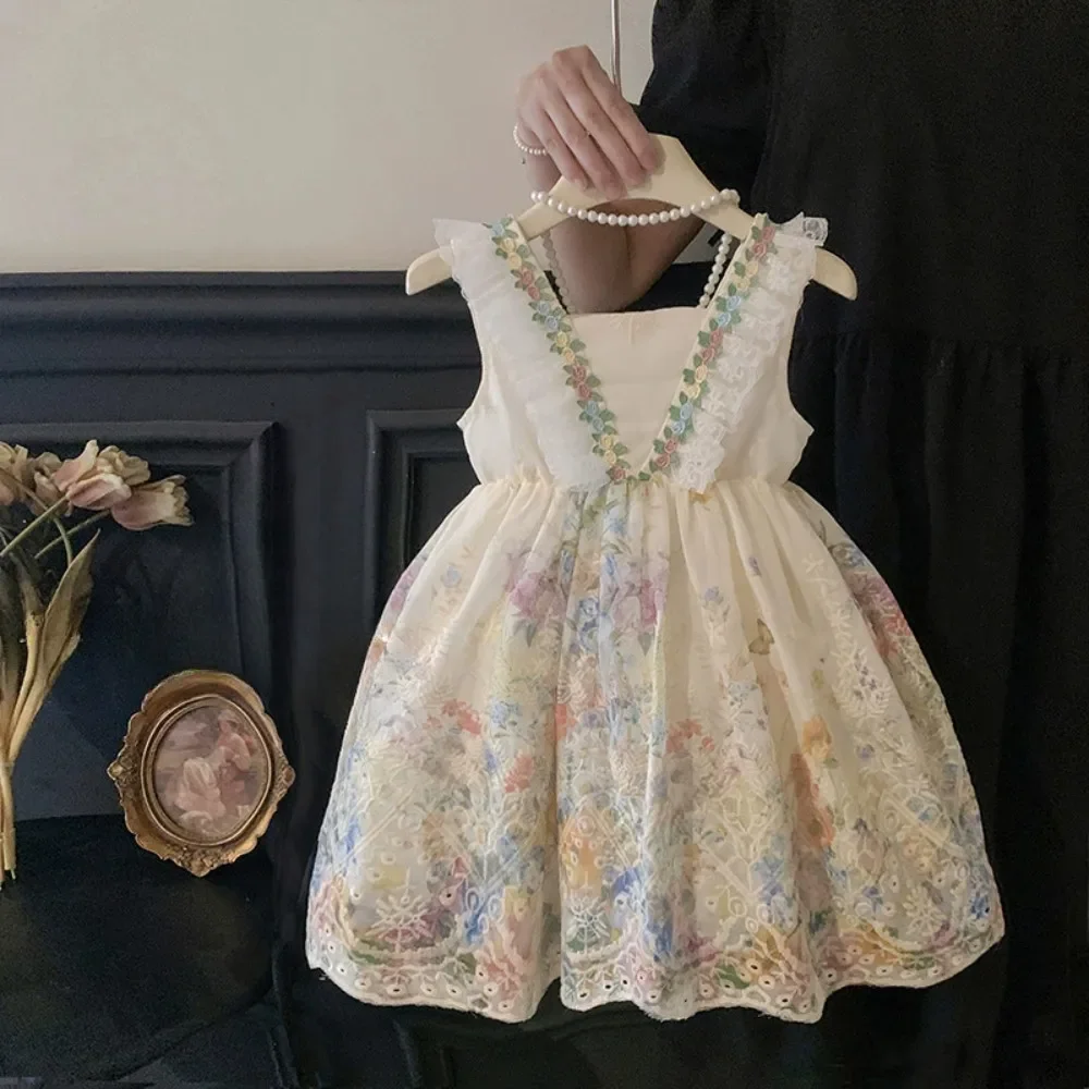 Fashion 2-7 Years Girl Print Lace Sleeveless Vest Princess Dresses Summer Beige Flower Kids Casual Clothes Korean Version