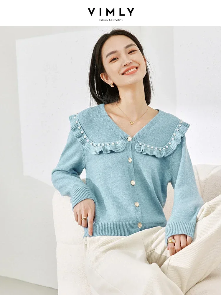 Vimly Autumn Knitted Cardigan Elegant Ruffle V-neck Long Sleeve Woman Sweater 2023 Fall Casual High Strecth Knitwear Women 72557