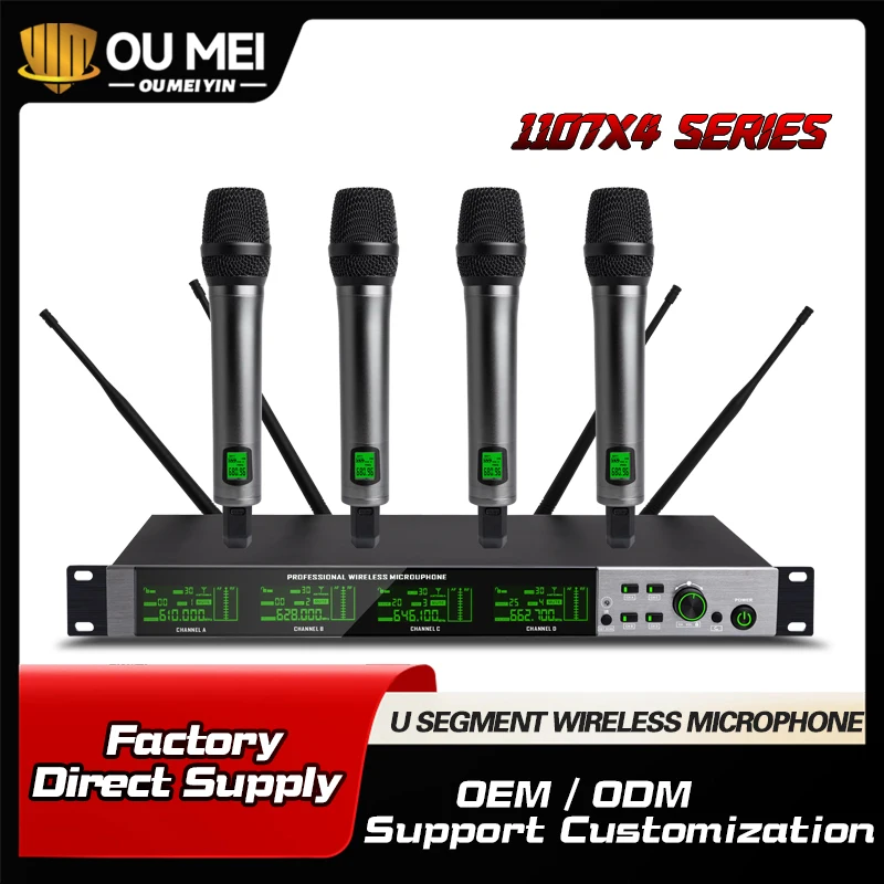 

Беспроводная микрофонная система OuMeiYin 1107X4 UHF True Diversity, 4-канальная, с защитой от обратной связи, для сцены, выступлений, караоке, 1-4 микрофона