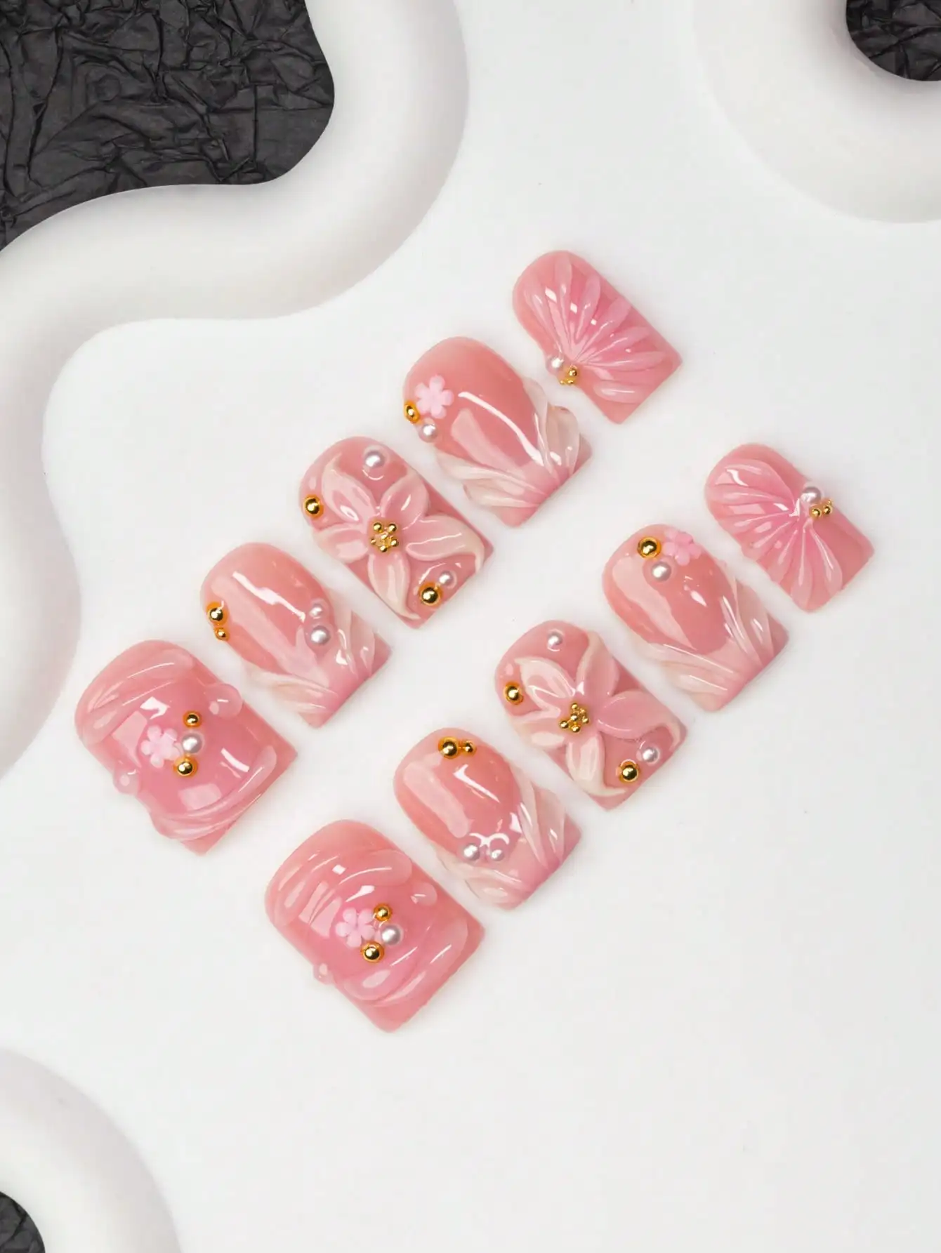 

10pcs/Set Handmade Square Nail Tips, Y2K Baddie Style, Nude & Pink Color With French Edge, Floral Decor, Shiny Nail Art, Suitabl