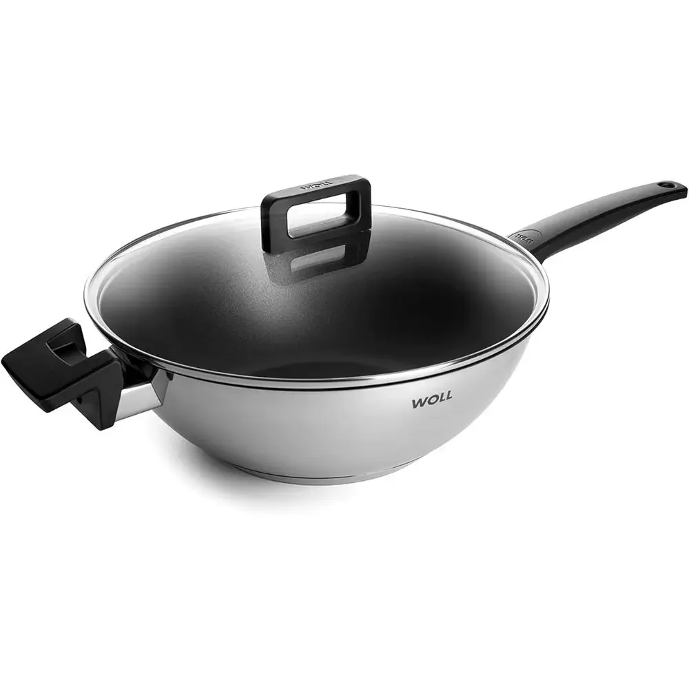 30 CM Diameter, 10 CM High Stainless Steel Wok Pan with Multifunctional Glass Lid, Boxed