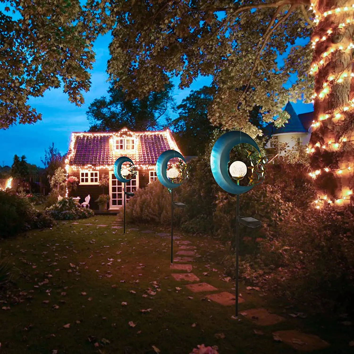 Luci da giardino a energia solare per esterni, globo decorativo in vetro Crackle, illuminazione paesaggistica impermeabile, stelle e luna