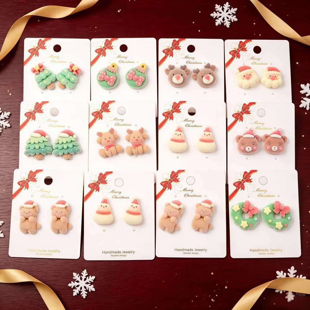 10Pairs/Lot Christmas Cartoon Flocking Gingerbread Man Christmas Tree Earring For Women Mix Style Jewelry Accessories Party Gift