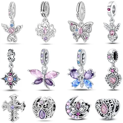 Real 925 Silver Classical  Lotus Butterfly Angel Cross Dragonfly Pink Purple Charms Beads Fit Pan Original Bracelets DIY Jewelry