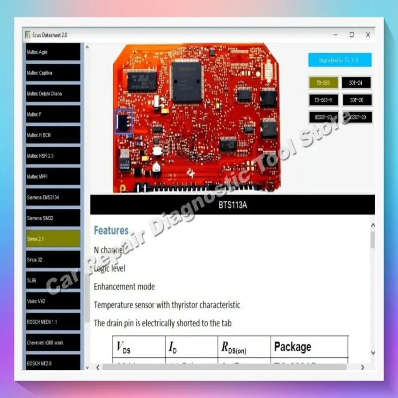 Ecus Datasheet 2.0 ECU Repair Software For IAW Bosch PCB Schematic with Electronic Components of ECU and Additional Information