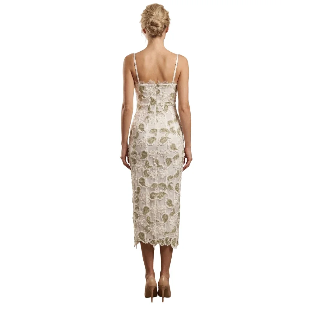 Elegant Sage Green Paisley Lace Midi Dress Women Sexy Spaghetti Strap Corset Bodycon Dresses Luxury Wedding Guest Prom Gown view 2