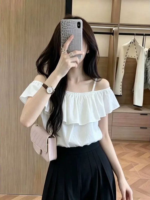 

White One-Shoulder Chiffon Shirt Women's Beautiful Lace Trim Top Korean Style Summer New Arrival Breathable Comfortable Cotto...