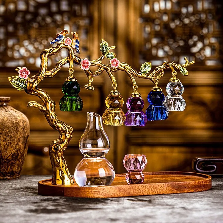 Chinese Style Gourd Decanter Crystal Glass Wine Decanter Set Hand Blown Gourd Shape Liquor Container Gift Box