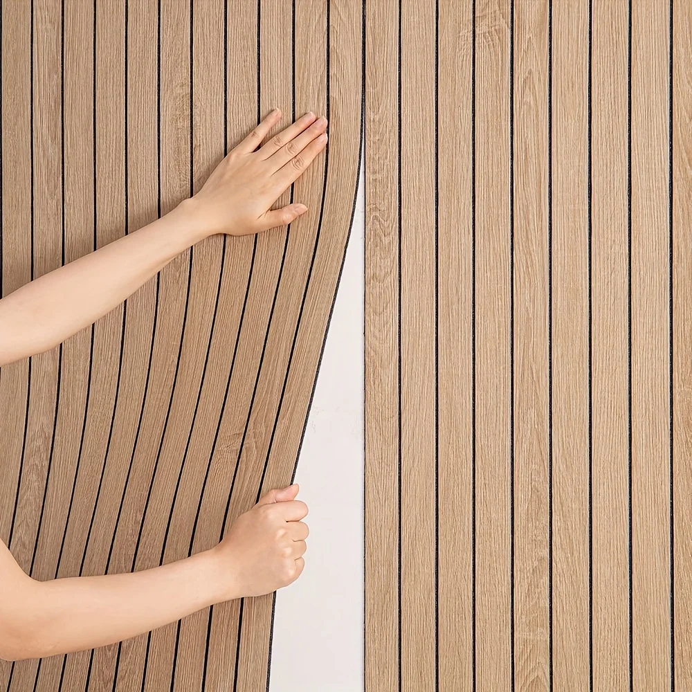Waterproof Striped Wood Pattern Wall Sticker Self Adhesive Removable Wall Decor for Bedroom Living Room TV Background Wall
