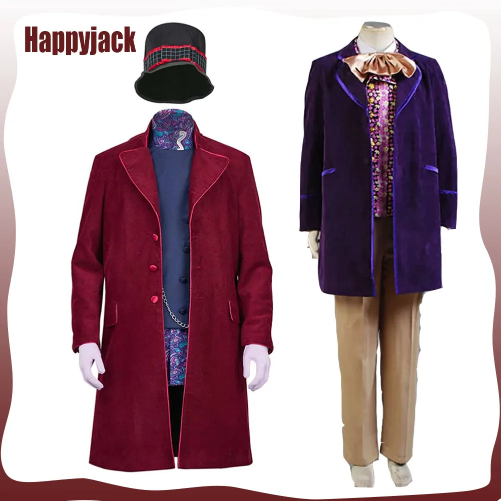 

Movie Chocolate Cos Factory Willy Cosplay Men Fantasy Red Coat Hat Set Costume Outfits Diguise for Adult Halloween Carnival Suit