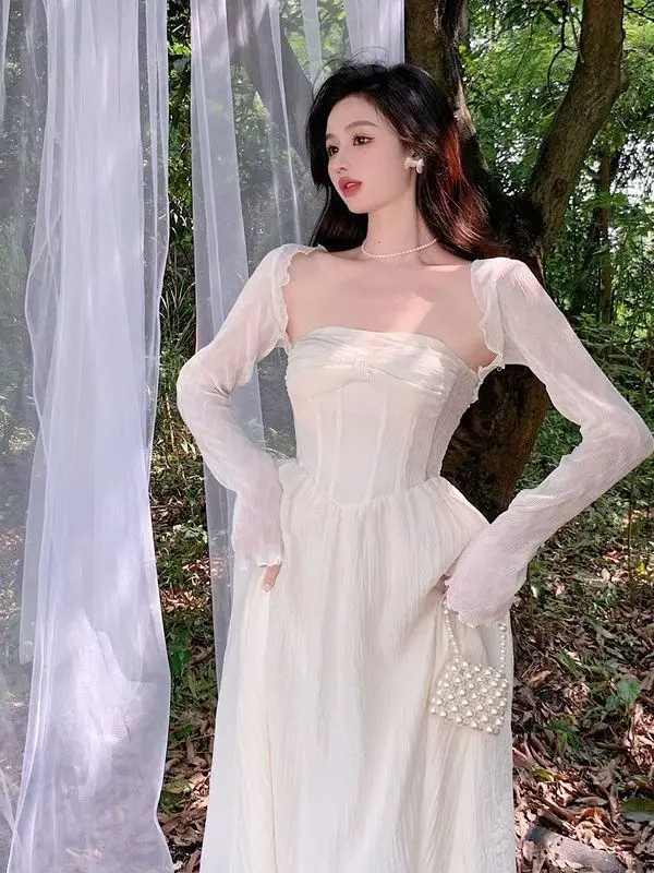 

Fashionable Summer 2026 Women's Short Style Snowflake Chiffon Shoulder Pads Sunscreen Cardigan Outerwear with Strap Dresses