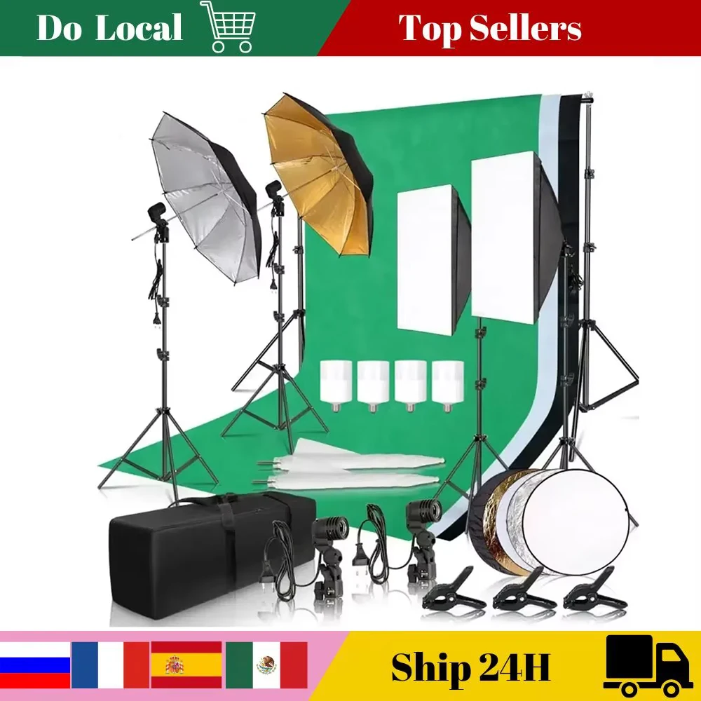 Photography Photo Studio Softbox Lighting Kit With 2.6x3M Background Frame 3pcs Backdrops Tripod Stand Reflector Board 4Umbrella