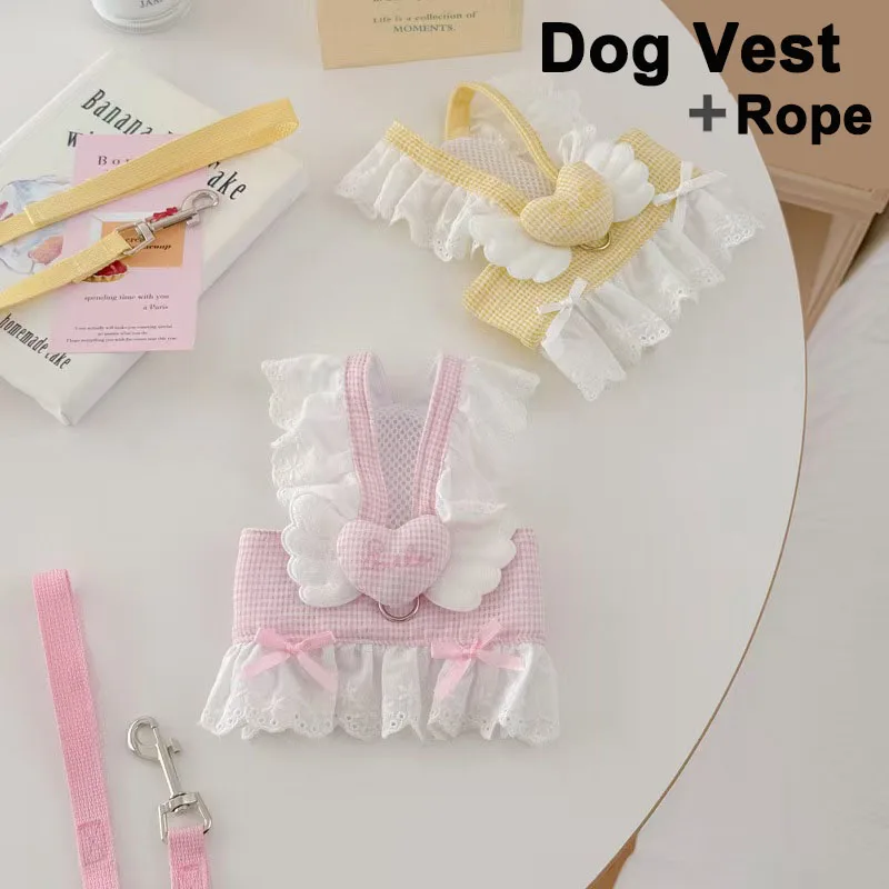 Cute Lace Ruffle Plaid Dog Harnesses Vest 3D Angel Heart Mesh Pet Chest Strap For Small Medium Dog Cat Outdoor Walking Apparel view 5
