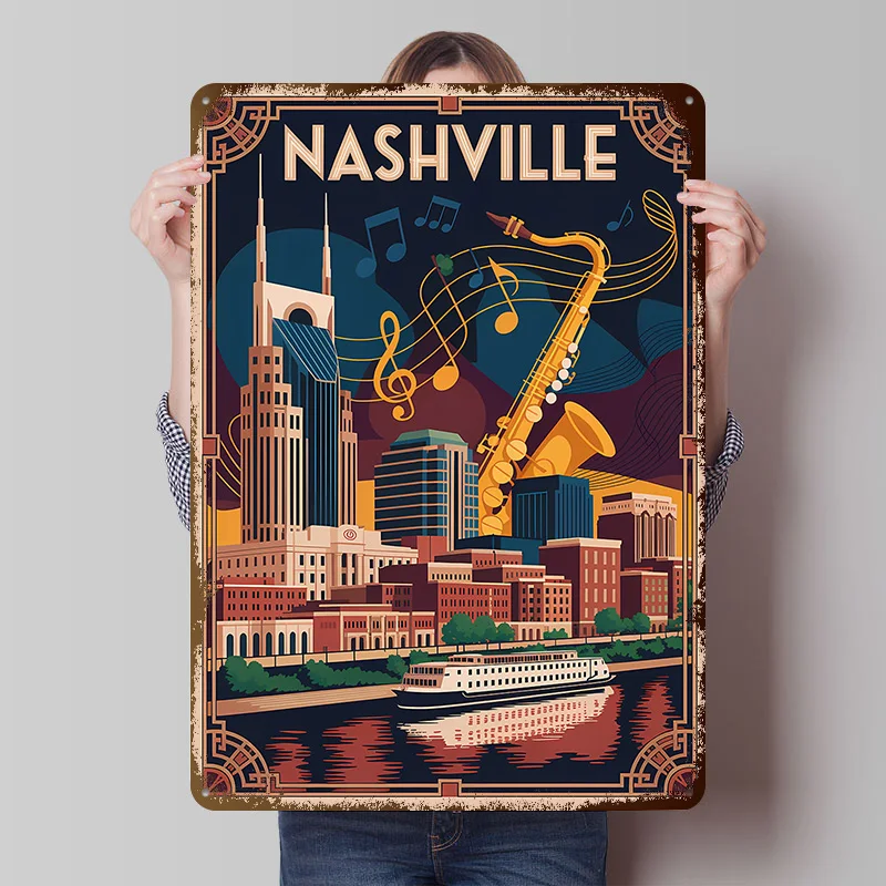Nashville Cityscape With Saxophone Tinplate Poster Custom Wall Art Vintage Metal Signs Retro Tin Plaque for Decoration At Home